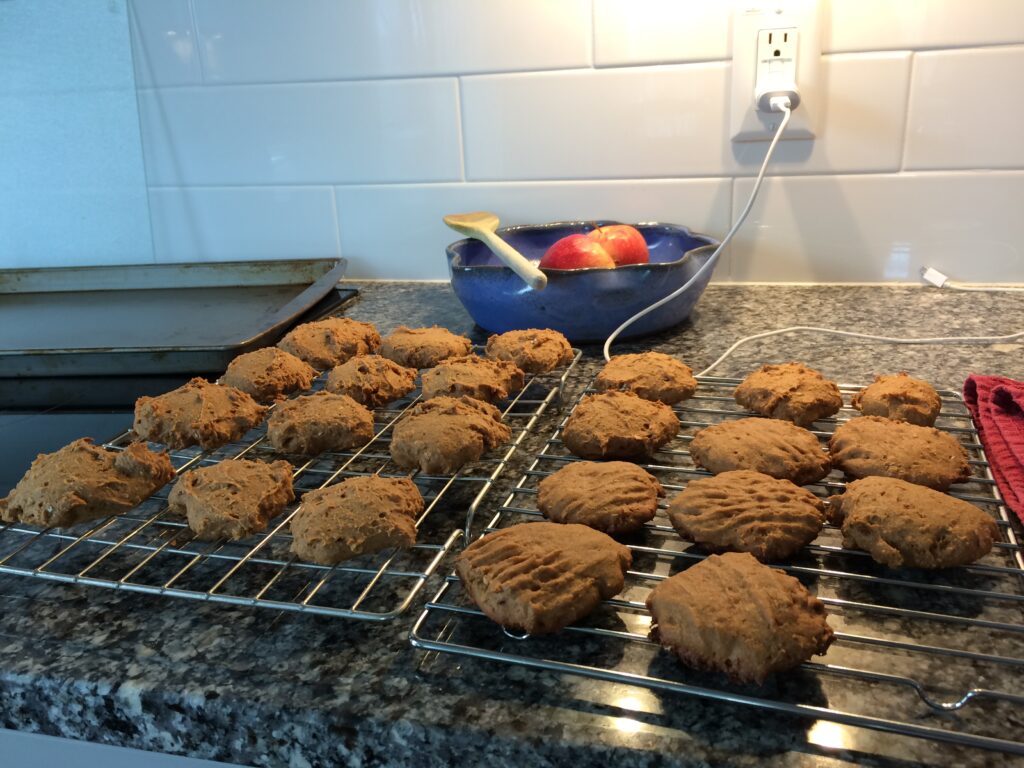 Several cookies cooling on a tray.